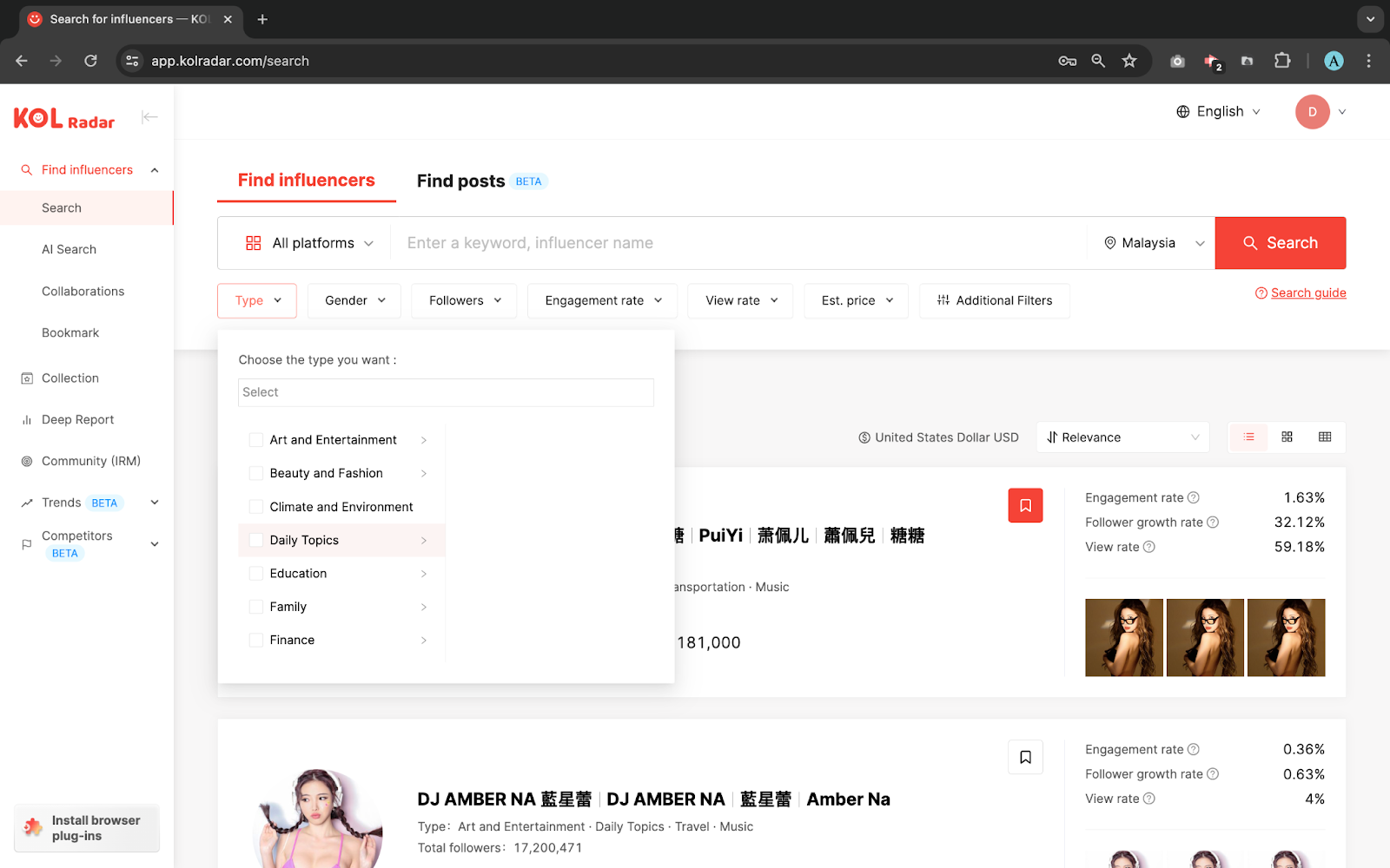 Filtering by Type (category) of Influencers