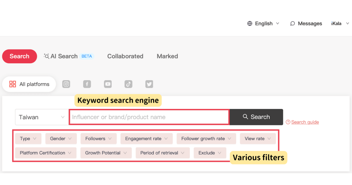 "Keyword Search Engine" and various filters available on the KOL Radar platform to accurately screen and select the most suitable KOLs that meet their needs.(Data source:KOL Radar )