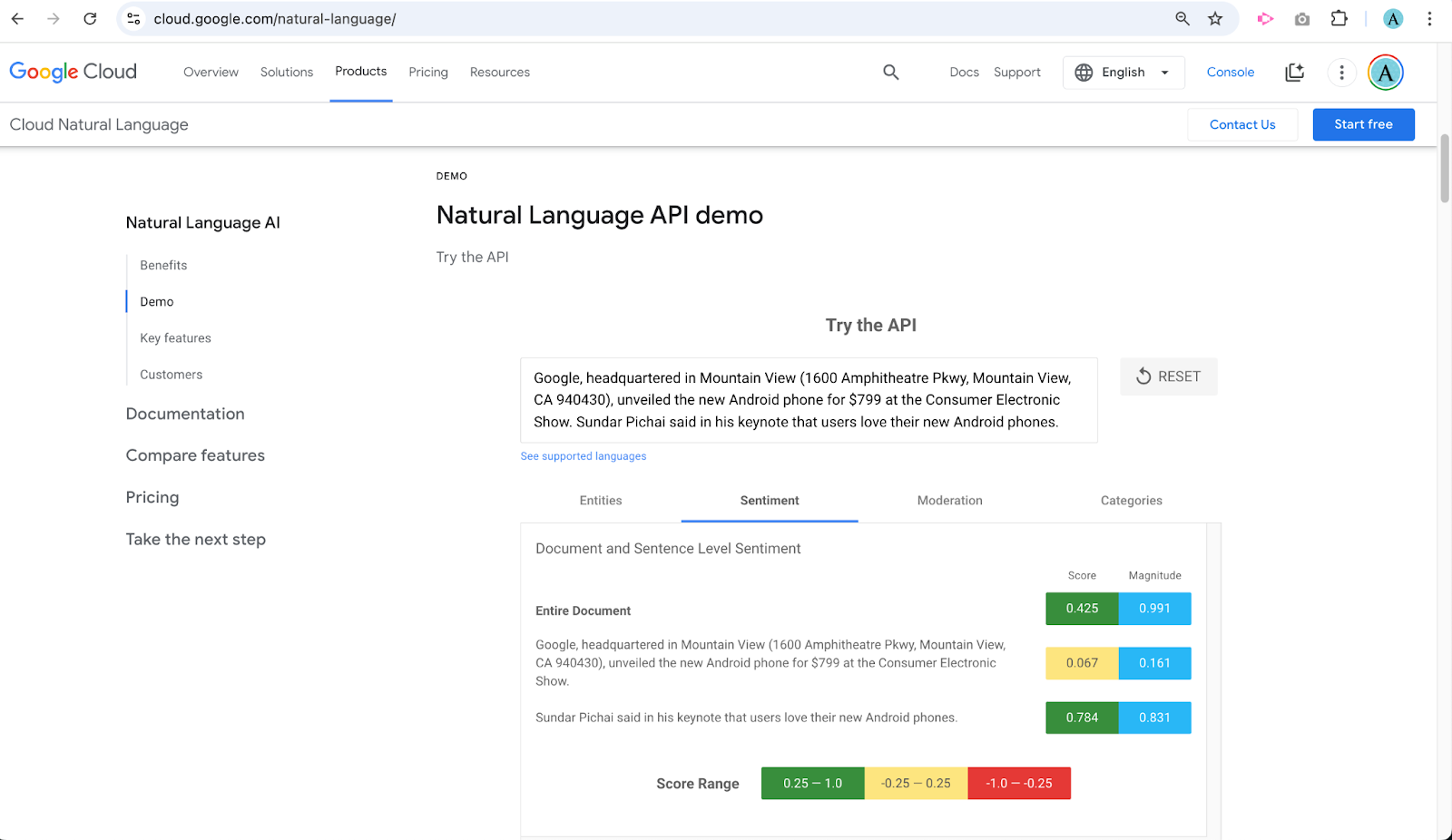 Google Cloud Natural Language - Sentiment Analysis