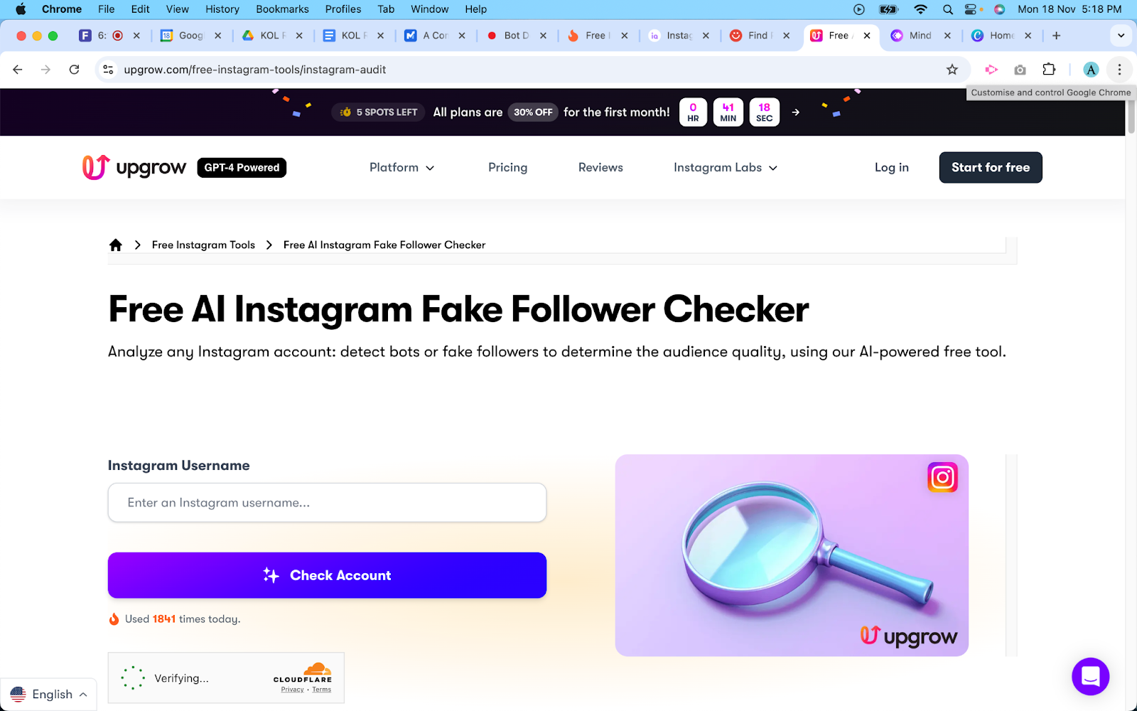 UpGrow - free AI tool to check fake followers