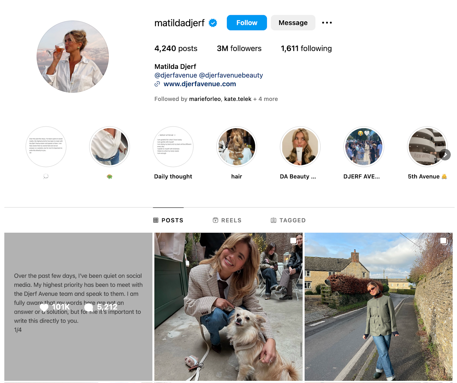 Matilda Djerf's personal apology on Instagram